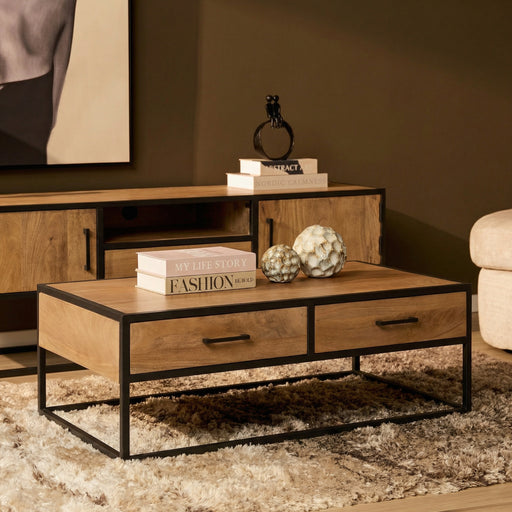 Rechthoekige salontafel Dakota met lades Naturel Mangohout 130 cm