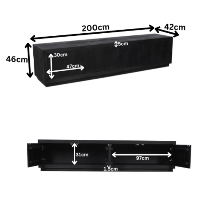 Tv meubel Brussel Zwart Mangohout 200 cm