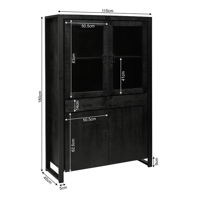 Vitrinekast Boaz Zwart Mangohout 115 cm