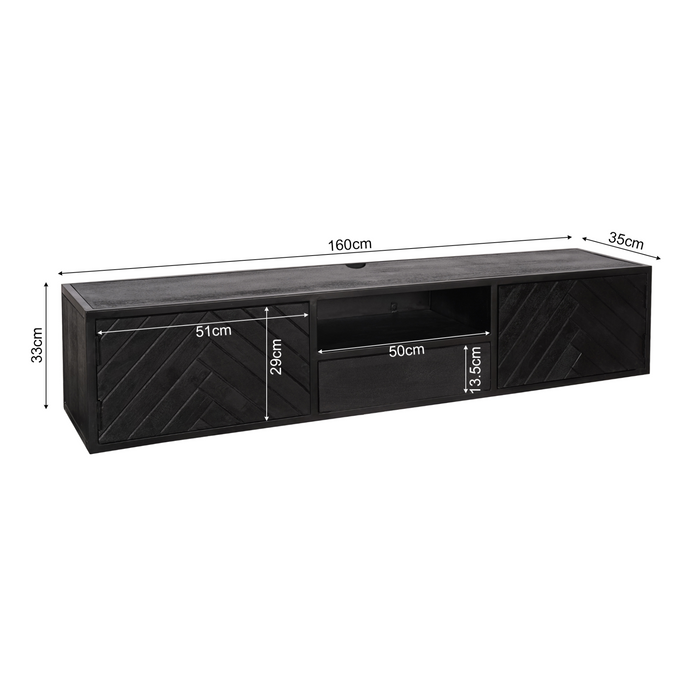Zwevend tv meubel New York Zwart Mangohout 160 cm