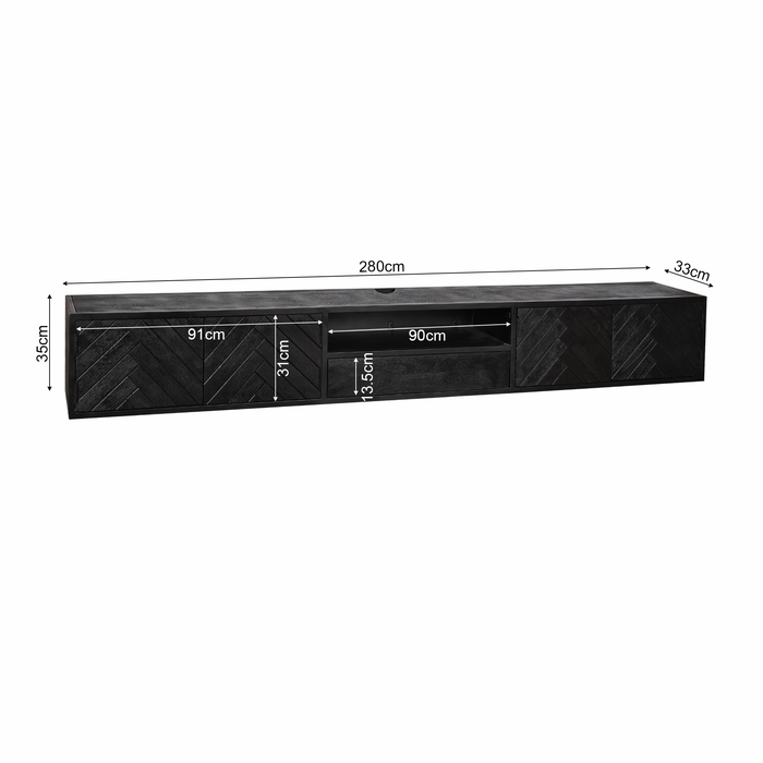 Zwevend tv meubel New York Zwart Mangohout 280 cm