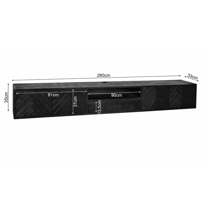 Zwevend tv meubel New York Zwart Mangohout 280 cm